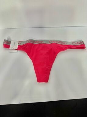 Calvin Klein Neon Pink Cotton Logo Thong with Gray Waistband